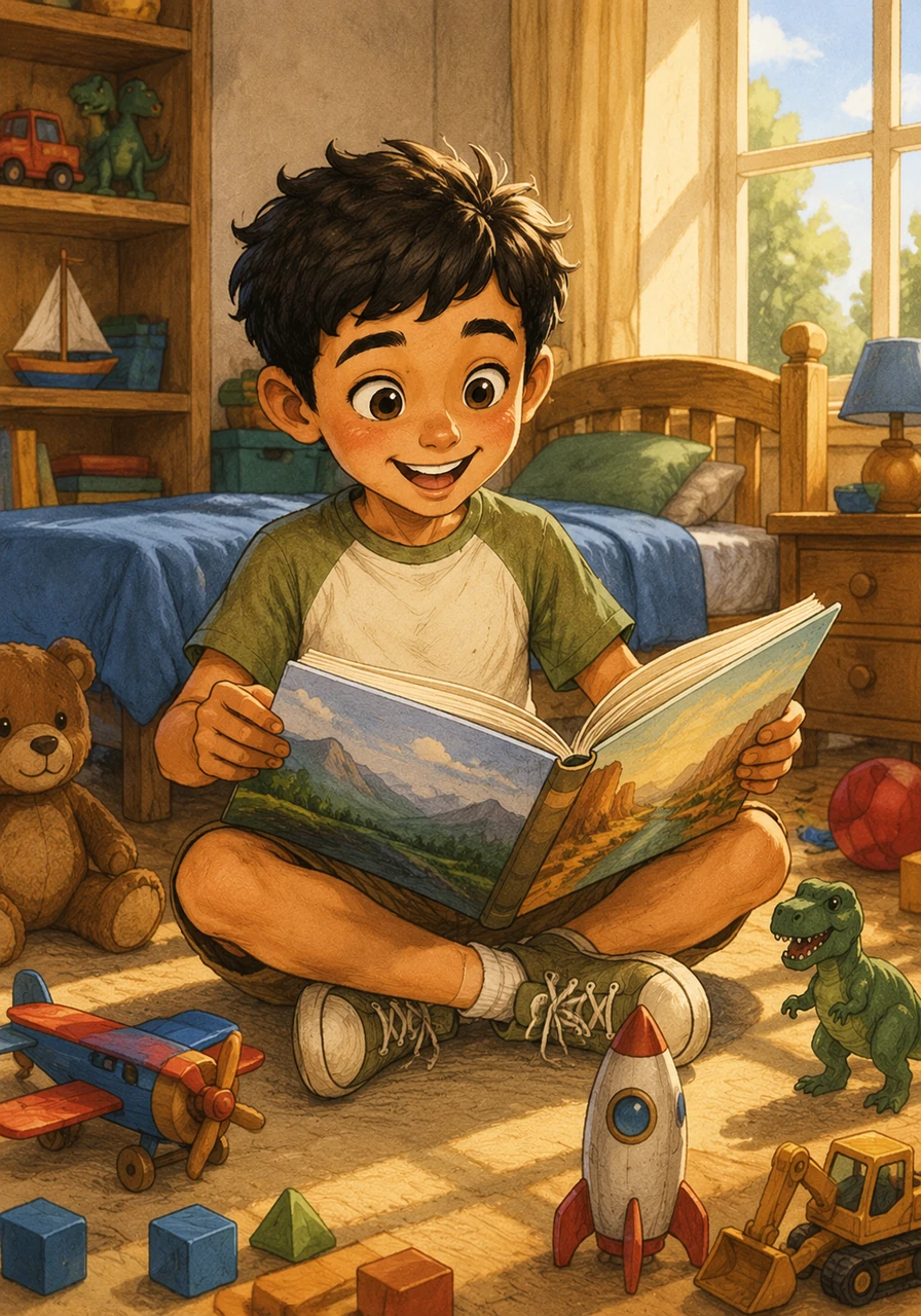 يجلس كريم في غرفته المضيئة بنور الشمس، محاطًا بألعابه الملونة، لكن كل انتباهه مأخوذ بكتاب كبير يمسكه بين يديه. تتلألأ عيناه بشغف وهو يقلب الصفحات، مكتشفًا عالمًا جديدًا مليئًا بالقصص المشوقة والرسومات البديعة التي تأسر قلبه الصغير.