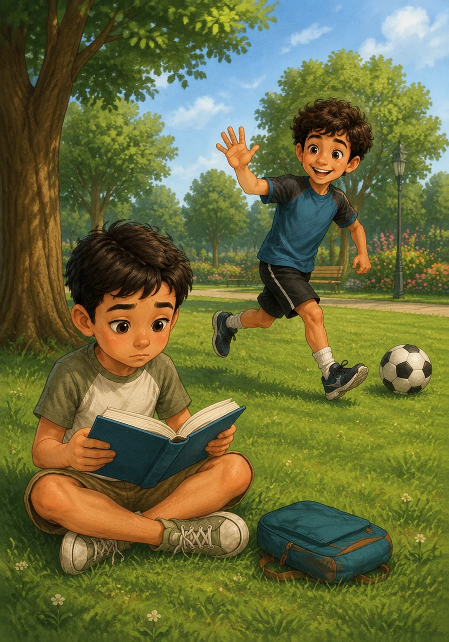 في الحديقة العامة، يجلس كريم على العشب الأخضر يحاول قراءة كتابه الجديد، بينما يركض صديقه عمر خلف كرته بنشاط. يلتفت عمر نحو كريم ملوحًا بيده بملل ويقول بابتسامة ساخرة إن اللعب بالكرة أفضل بكثير من تضييع الوقت مع الكتب المملة.