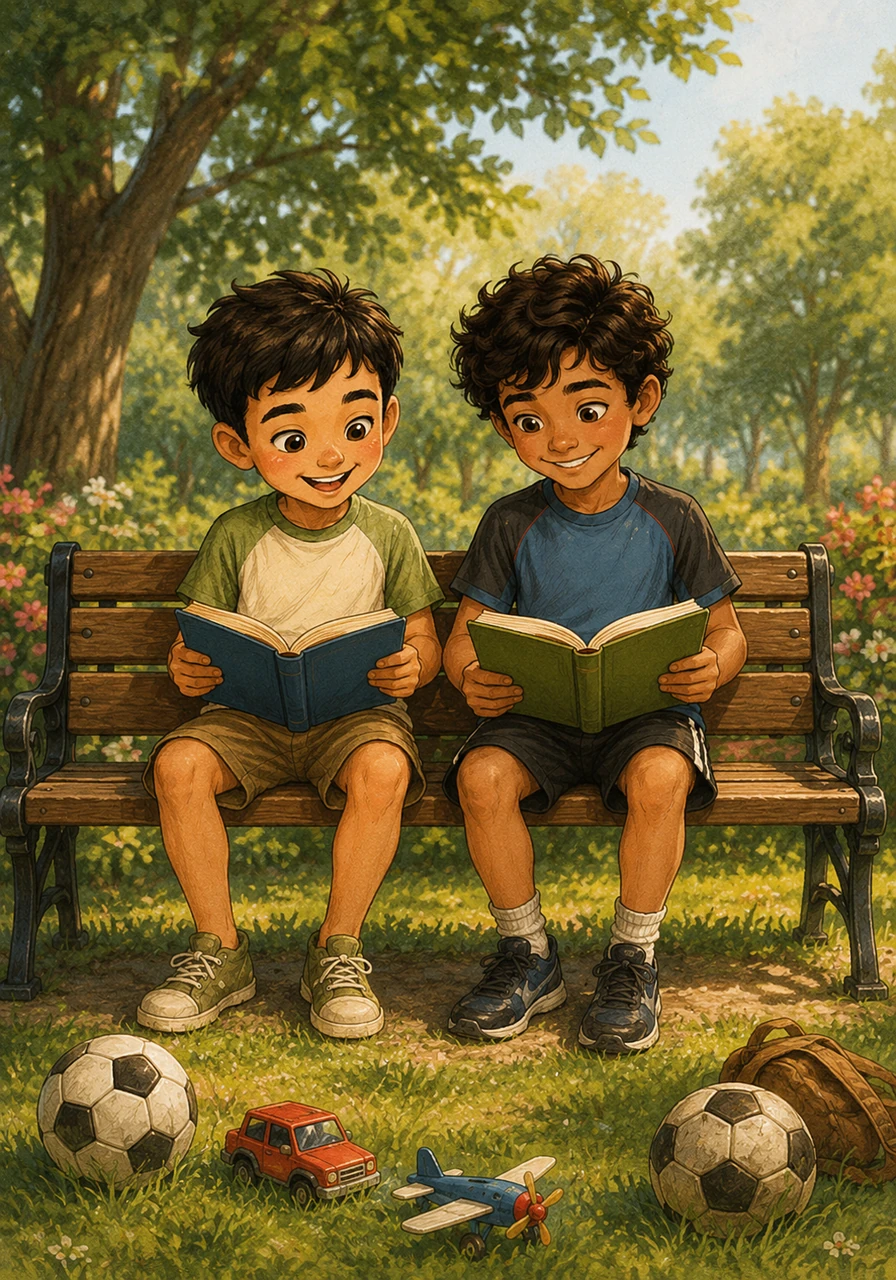 تمر الأيام وتتحول الحديقة إلى ملتقى يومي للقراءة، حيث يجلس كريم وعمر جنبًا إلى جنب وكل منهما يمسك بكتابه الخاص بنهم. تحولت الكرات والألعاب إلى حكايات وصفحات تتقلب برغبة وشغف مشترك بين الصديقين.