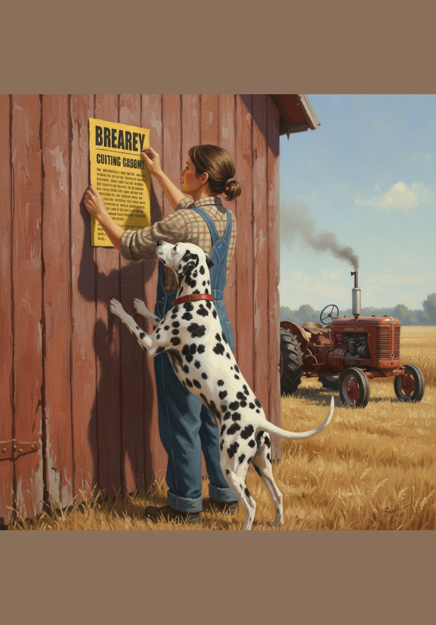 Farmer Mae pins a bright yellow poster to the weathered wood of the barn. Matrix stands on his hind legs to read the bold letters while Bobby peers closely at the fine print.