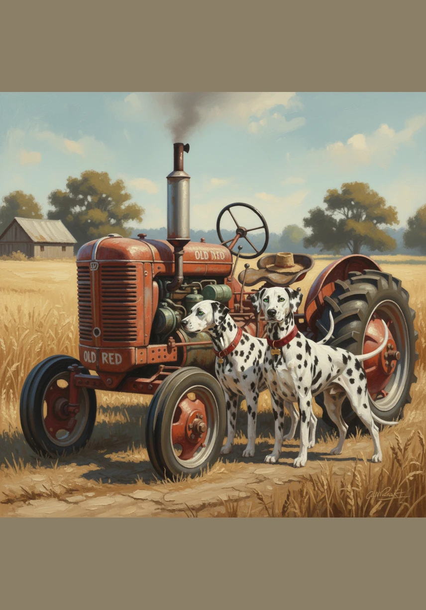 The two dogs stand before Old Red, a faded tomato-colored tractor resting in the tall grass. Matrix’s eyes sparkle with a big idea, while Bobby keeps a cautious distance from the large wheels.