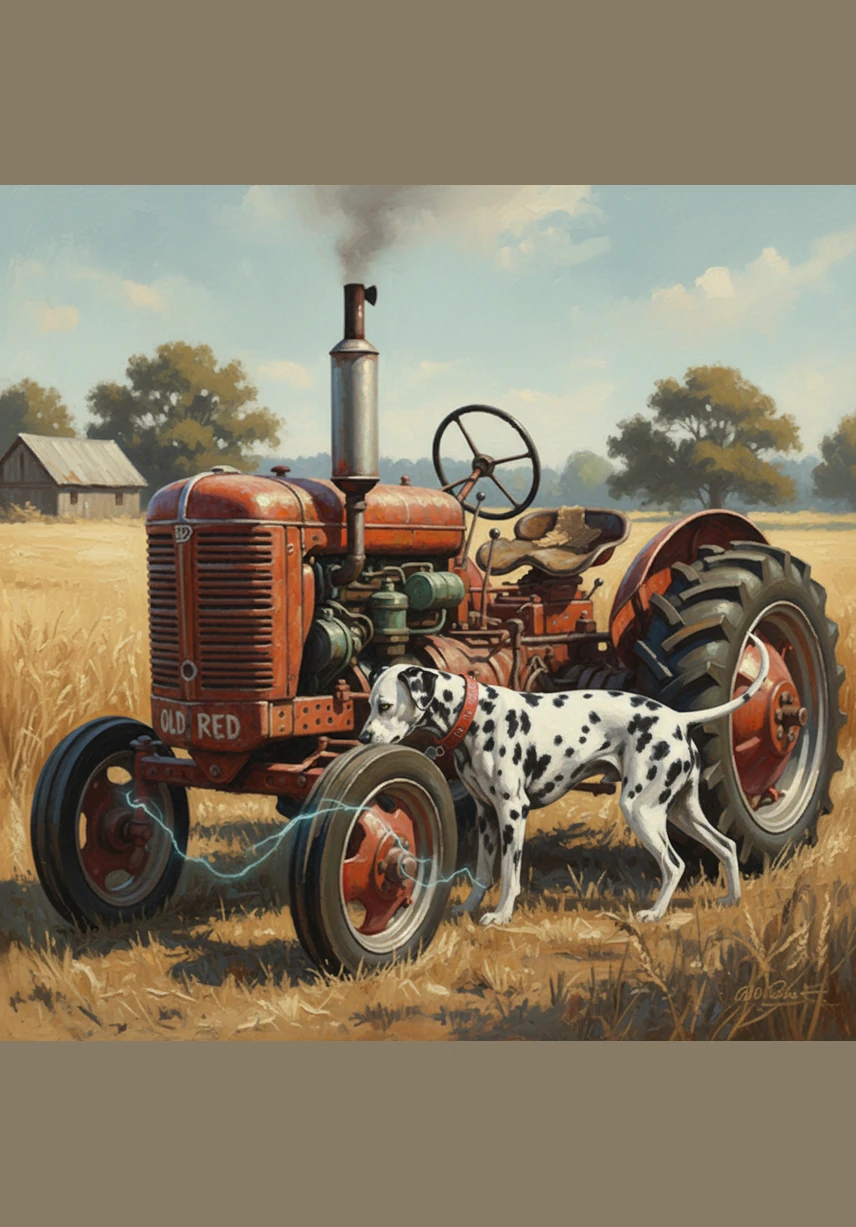 Matrix circles the old tractor, sniffing the metal, while Bobby watches intently. Suddenly, a deep and gentle rumble vibrates from the engine, making both dogs’ ears pop up in surprise.