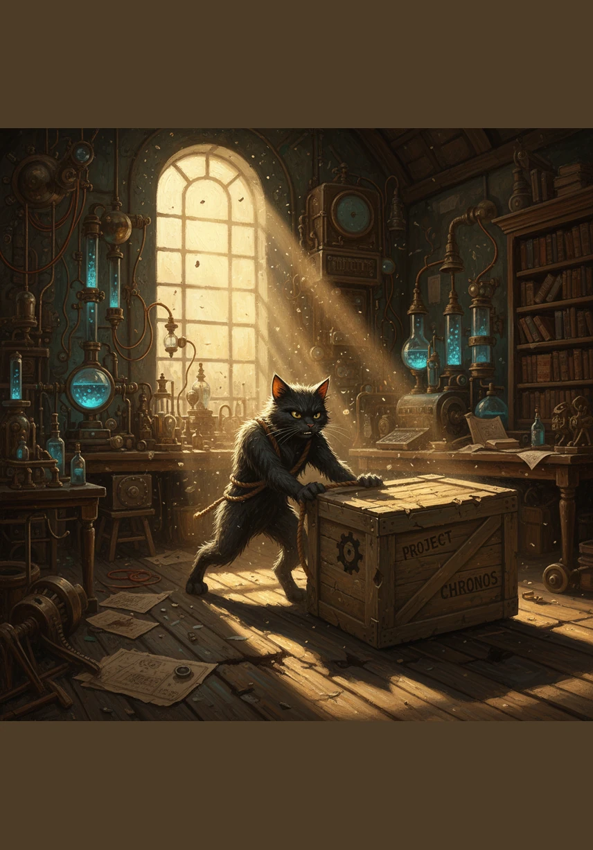 Matrix drags a heavy wooden box into the light, spilling out colorful ribbons and shiny tin cans. He proudly holds up a flowing red cape, while Bobby looks on with a worried expression.