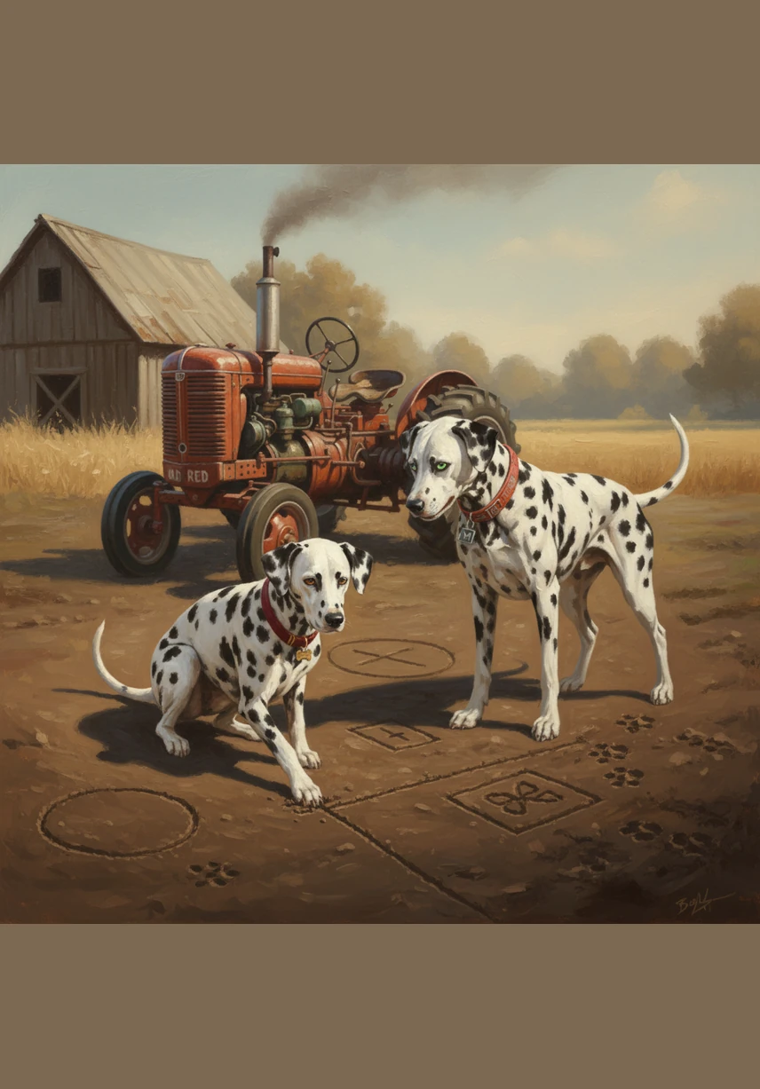 Bobby uses his paw to draw clear lines and symbols in the soft dirt to show the safety zones. Matrix watches, trying his best to be patient despite his urge to start the show immediately.