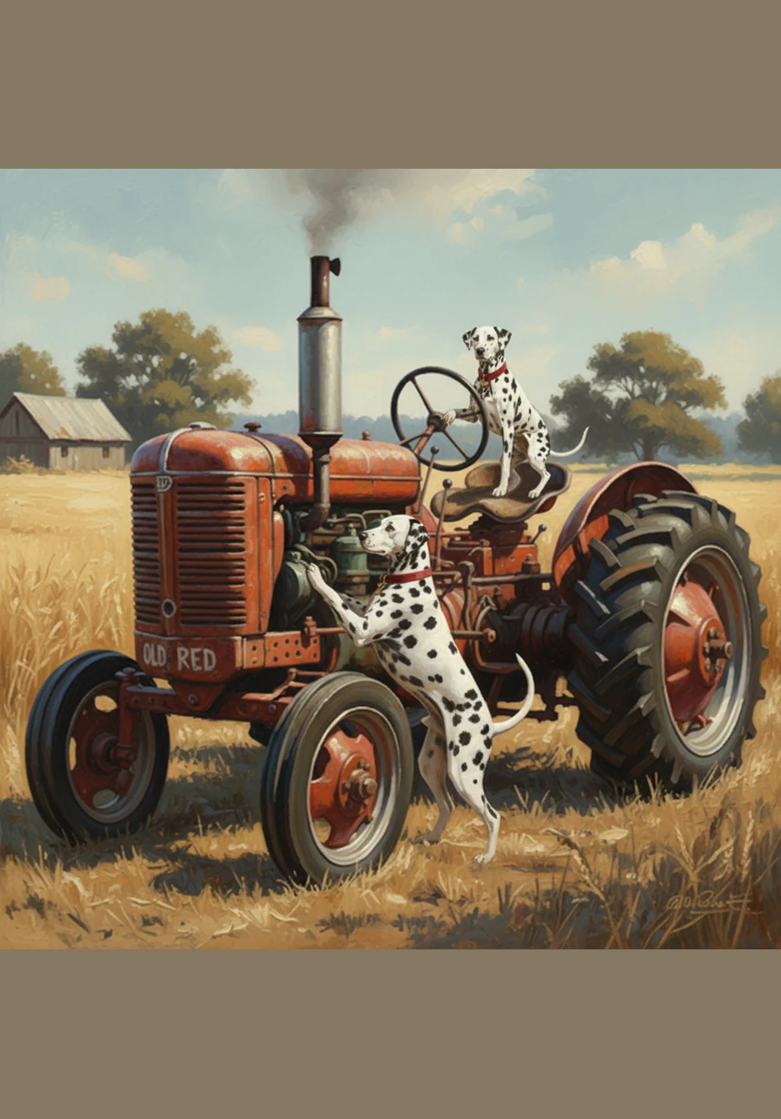 In the open paddock, Matrix sits atop the tractor’s seat like a tiny captain. Bobby stands in front, holding a paw up to signal a stop, as they begin their first official rehearsal.