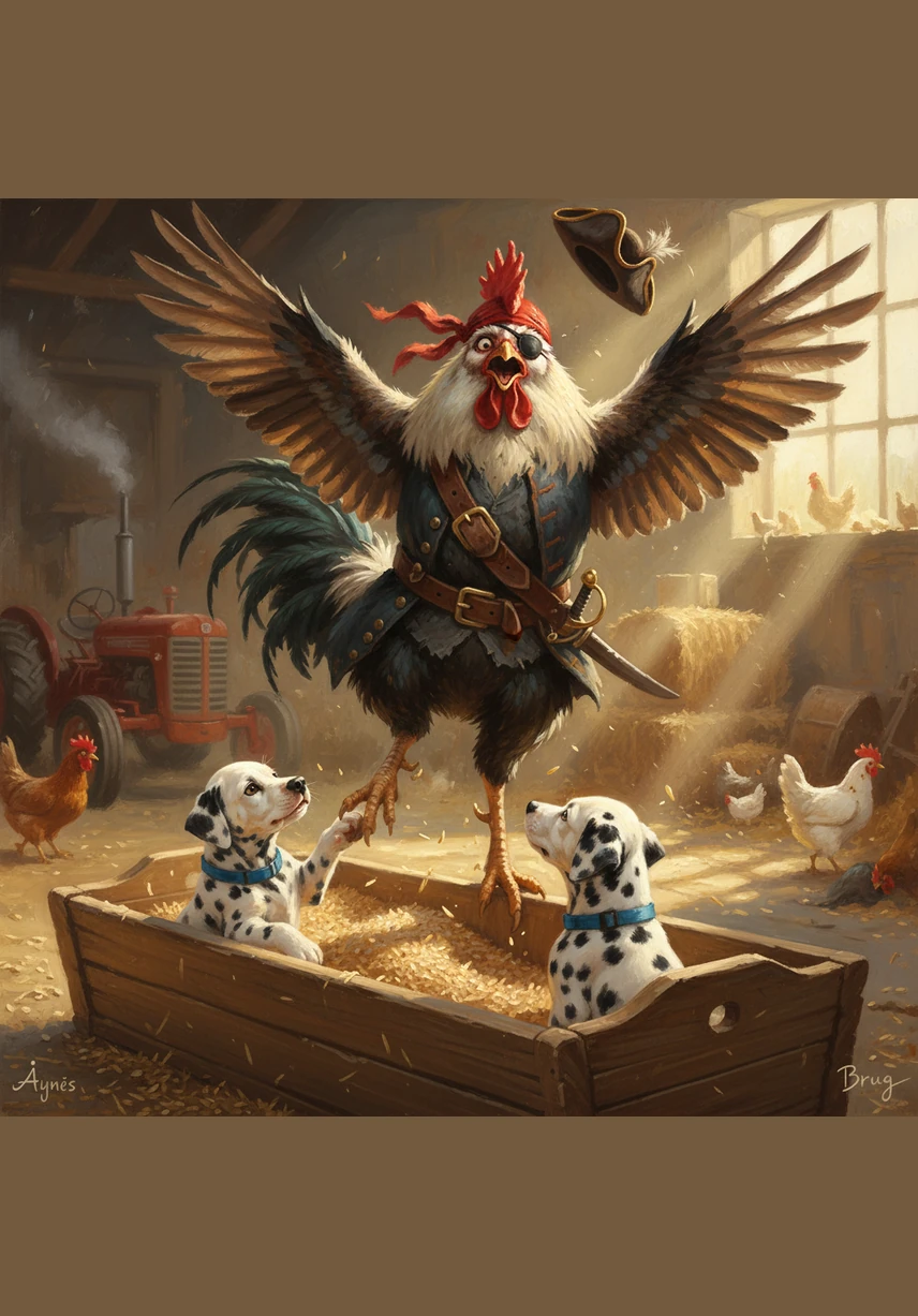 Captain Cluck the rooster marches into the scene with a stern look on his face. He pecks at a tin can, and the sudden jingle sends him fluttering backward in a flurry of feathers.