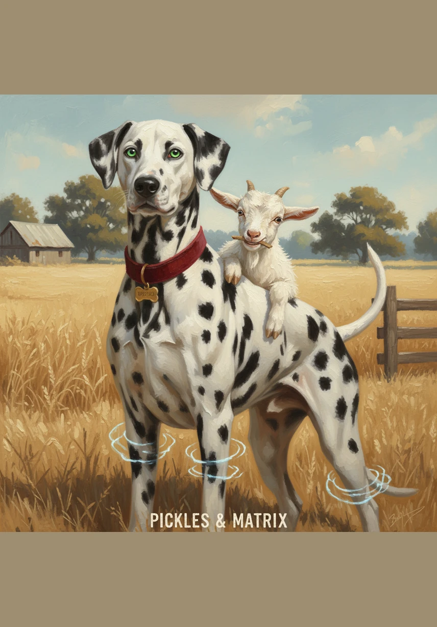 Pickles the goat sneaks up and takes a large, hungry bite out of the red cape. Matrix tries to pull it back, but Pickles trots away happily, chewing on the bright fabric.