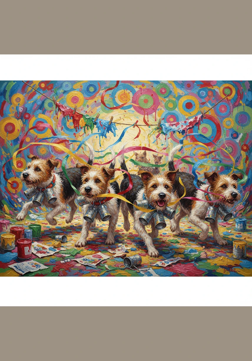 Total chaos erupts as the ribbons spin in circles and the tin cans jingle loudly. Captain Cluck runs past with the remains of the cape draped over his head like a superhero.