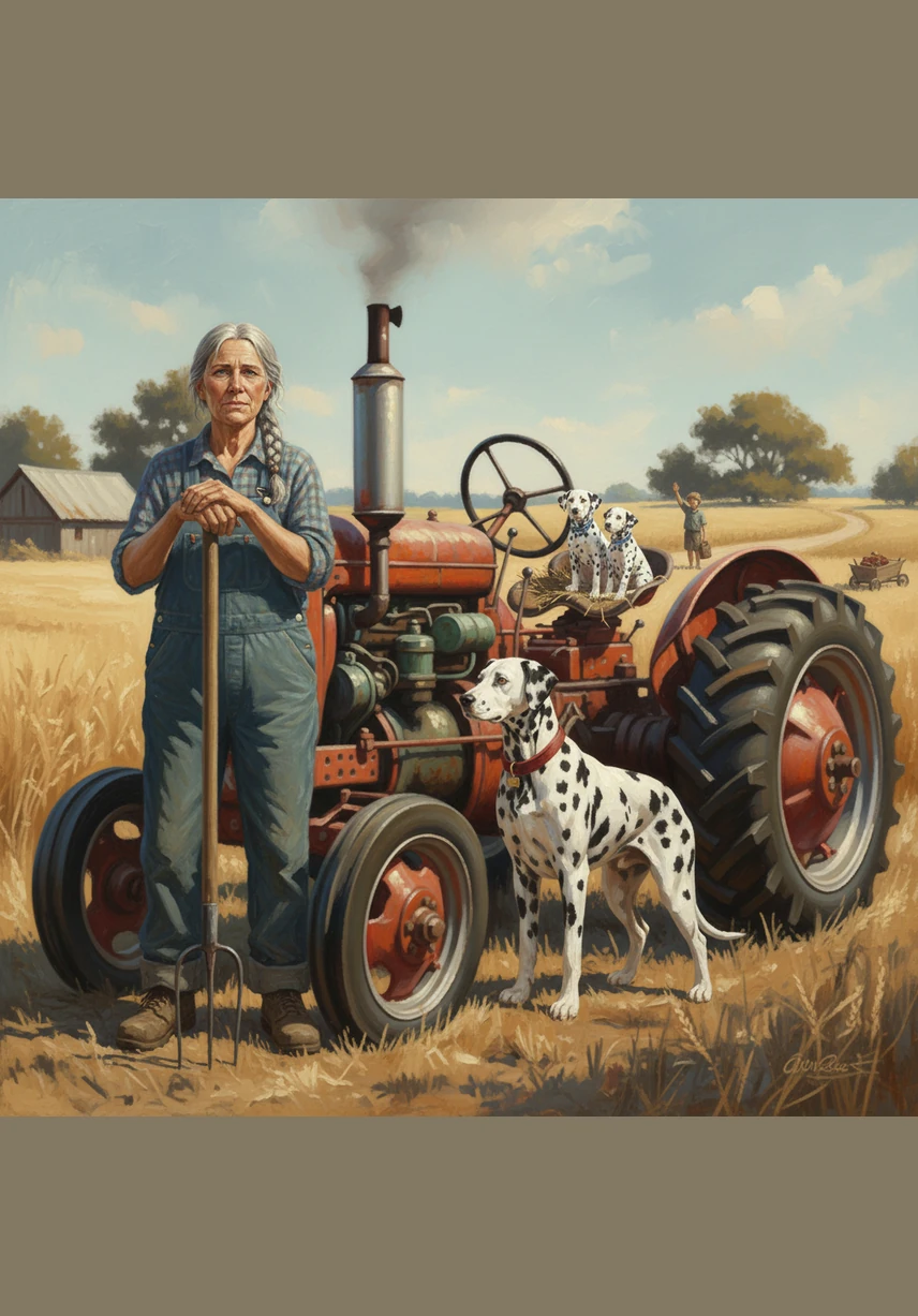 Farmer Mae stands over the two dogs with her hands on her hips, looking down kindly but firmly. Bobby hangs his head in shame while Matrix looks up, ready to explain what went wrong.