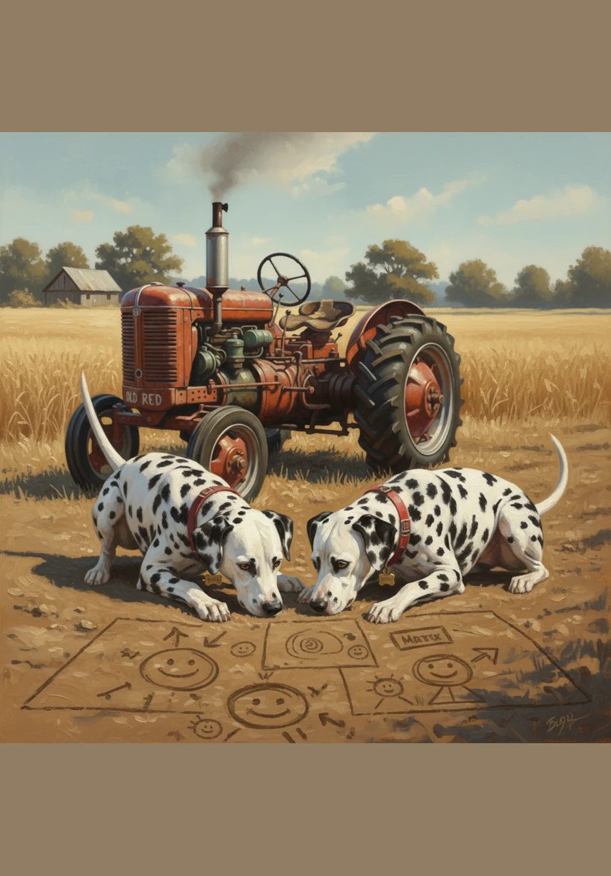 Bobby and Matrix huddle over a new set of plans drawn in the dirt near the tractor. They decide to focus on what Old Red does best, creating a show that celebrates helping others.