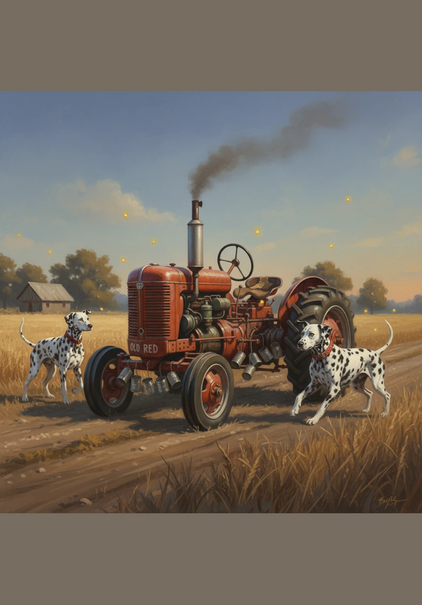 During their final practice, Old Red moves with a steady, rhythmic hum as the cans jingle softly in rhythm. A few golden fireflies begin to gather, dancing in the air around the dogs.