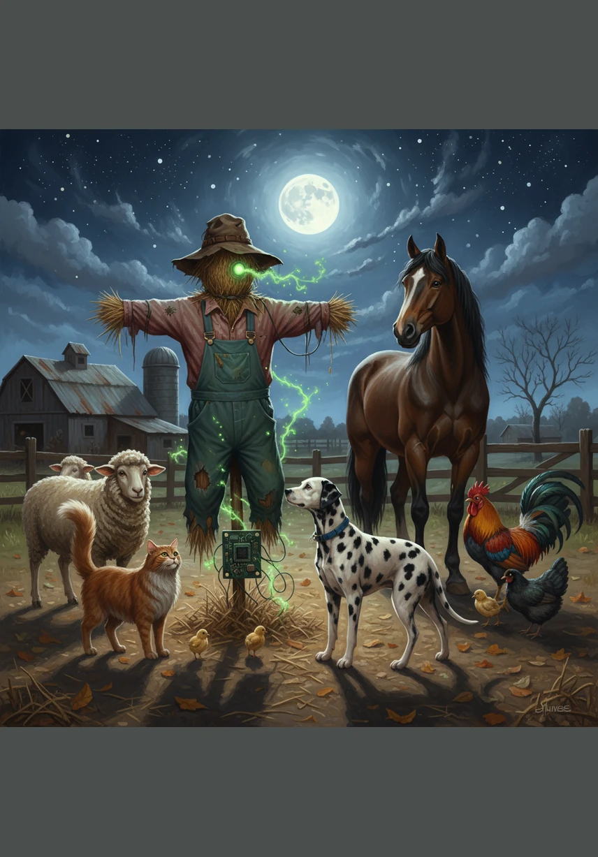 Night has fallen, and the farm is lit by glowing lanterns as all the animals gather around the stage. Captain Cluck and Pickles wait in the front row, their eyes full of anticipation.