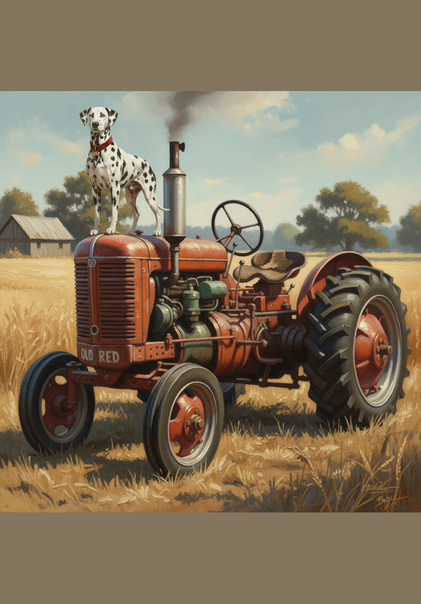 Matrix stands tall on the tractor’s fender, announcing the act to the cheering crowd. Bobby watches the wheels carefully, giving the signal for Old Red to roll forward with grace.