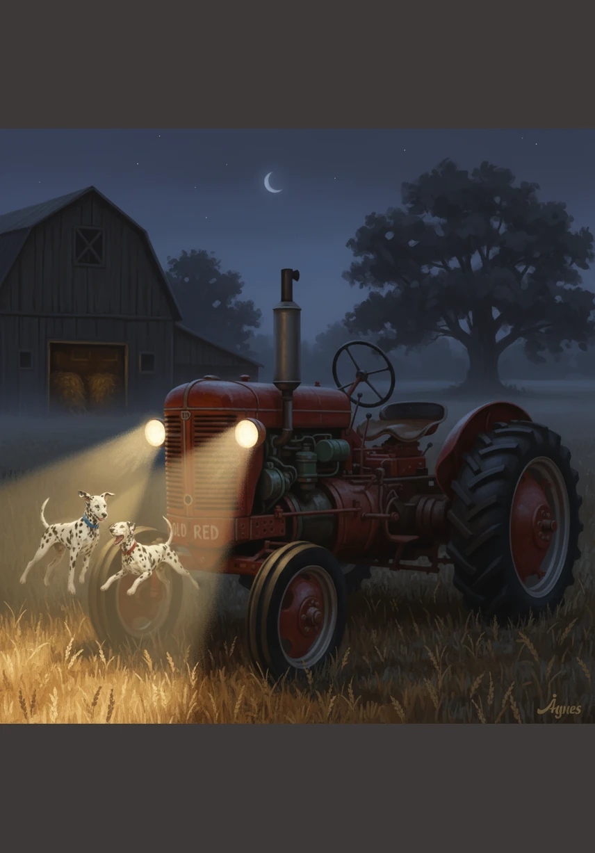 The tractor’s big round headlights click on, casting a warm glow over the entire audience. Hundreds of fireflies swirl into the beams of light, forming two giant, glowing Dalmatian spots in the air.