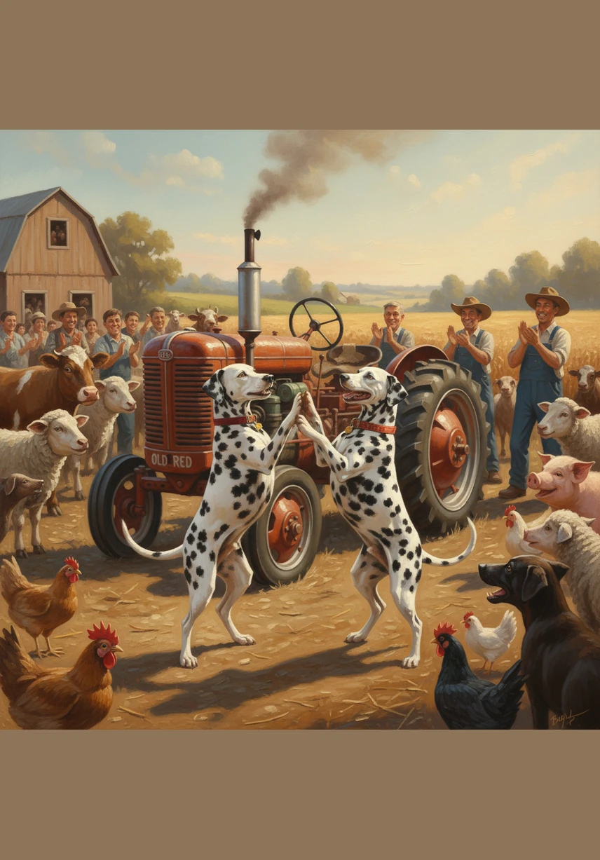 The show ends with a burst of applause from the farmers and happy barks from the animals. Bobby and Matrix share a joyful high-five, proud of what they achieved through teamwork.