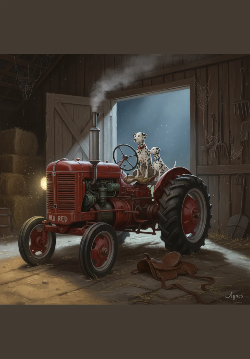 As the moon rises high, Old Red sits quietly in the barn, looking peaceful and proud. A single firefly lingers on the steering wheel, winking one last time before the farm falls asleep.