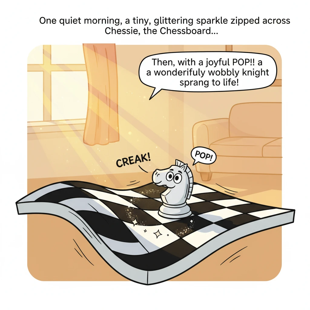 One quiet morning, as the sun’s first golden rays peeked through the window, a tiny, glittering sparkle zipped across the black-and-white squares of C