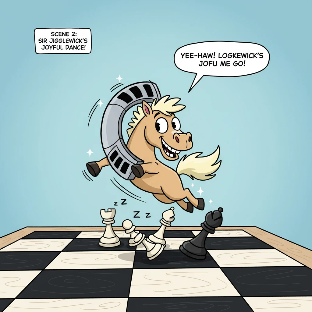 Sir Jigglewick, still a bit wobbly on his hooves, immediately felt a burst of energy! With a cheerful neigh, he tried out his famous L-shaped move, le