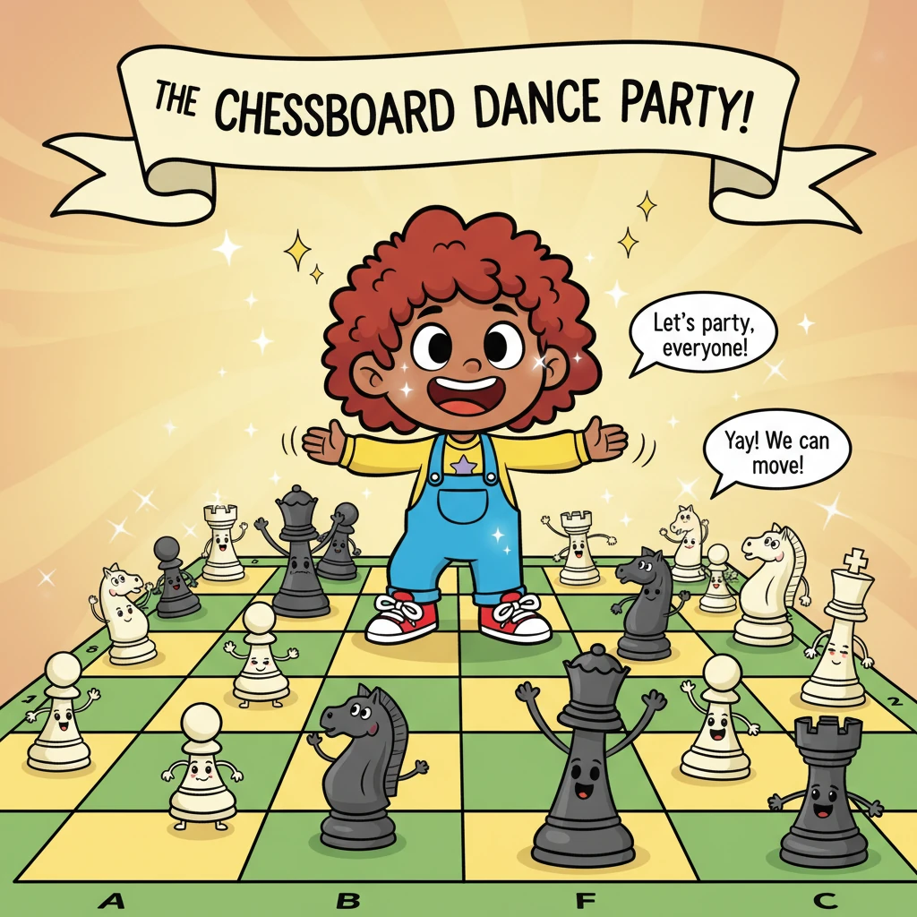 Suddenly, the entire chessboard erupted into a lively, joyful party! Thanks to Sir Jigglewick’s shared magic, every piece was awake and dancing with e