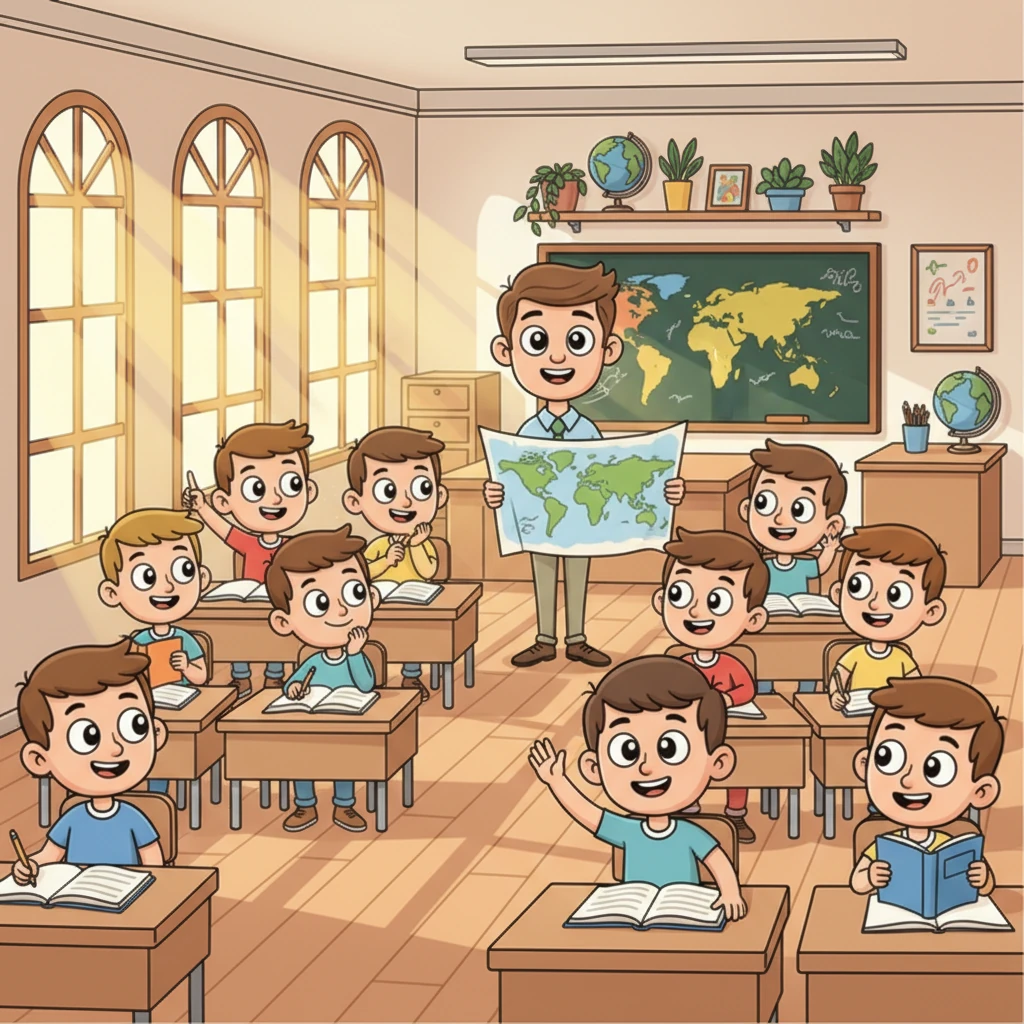 روز آفتابی و روشن کلاس پنجم دبستان بود. نور خورشید از پنجره‌های بزرگ به داخل می‌تابید و روی میزها و کتاب‌ها بازی می‌کرد. ده دانش‌آموز پسر با لبخند و کنجکاوی پشت میزهایشان نشسته بودند، آماده برای شروع یک روز جدید.