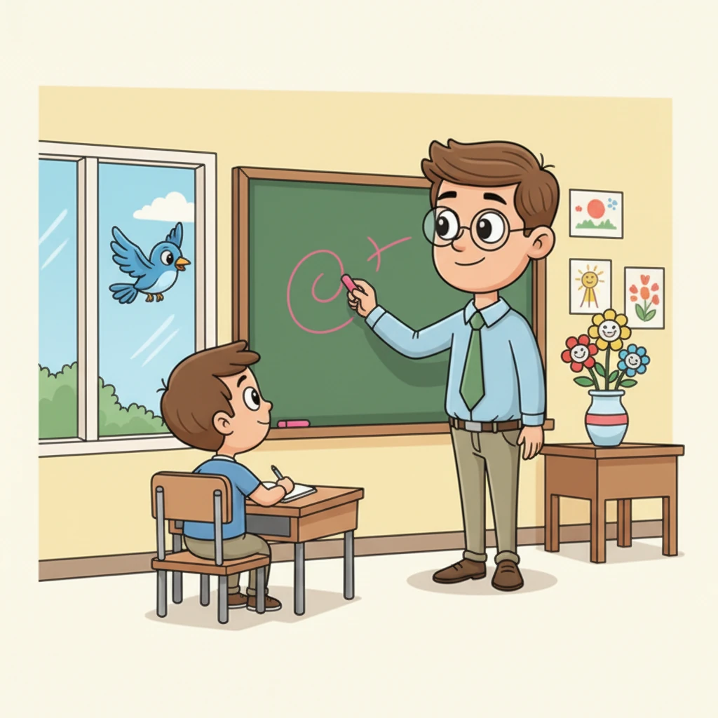 آقای معلم مهربان، با عینکی که روی نوک بینی‌اش قرار داشت، کنار تخته سبز ایستاده بود. او با گچ رنگی در حال نوشتن بود و گل‌های زیبای گلدان روی میزش به او لبخند می‌زدند. آرش، پسر پرانرژی کلاس، با چشمانی کنجکاو به پرنده‌ای که بیرون پنجره پرواز می‌کرد خیره شده بود.