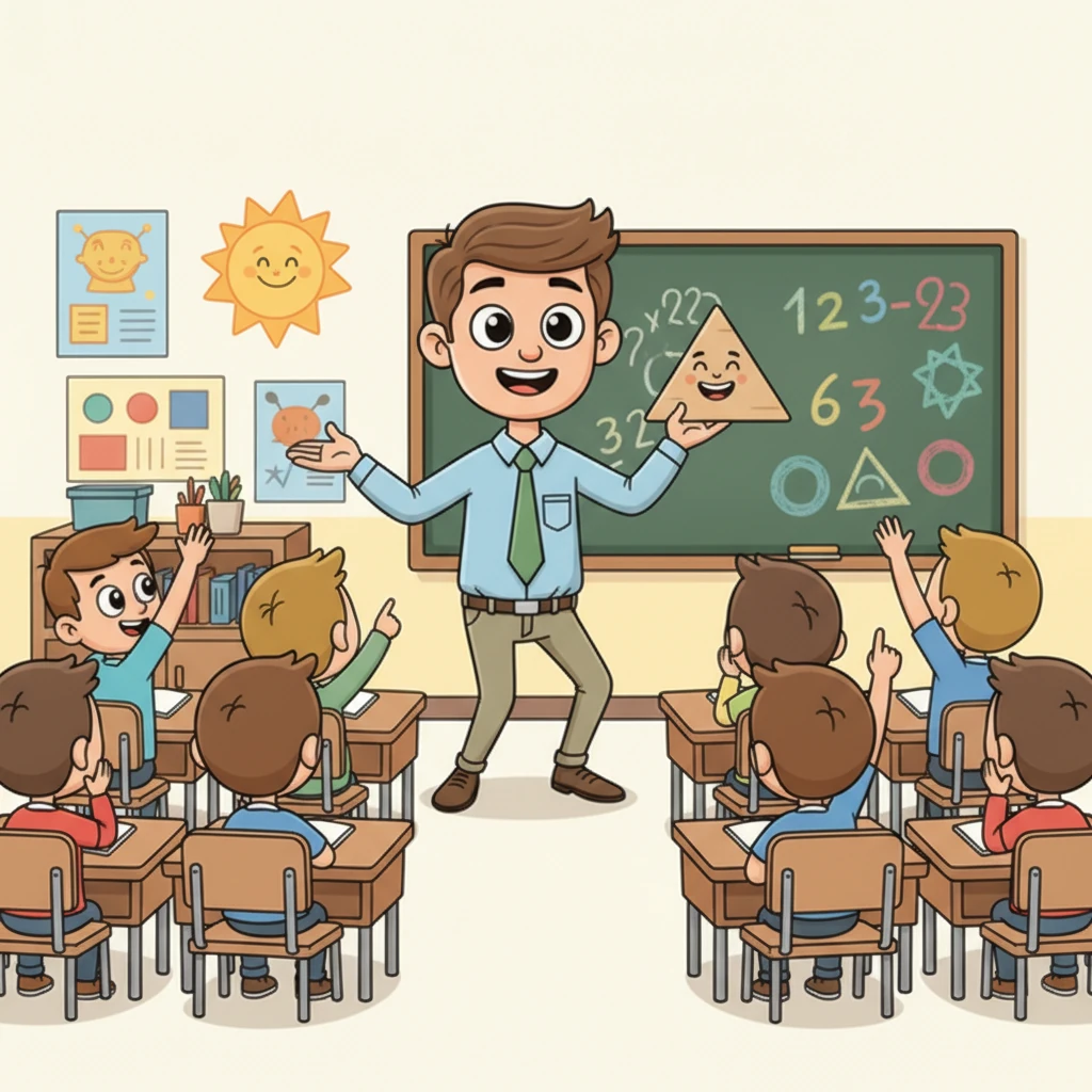 آقای معلم با شور و هیجان درباره‌ی اعداد و اشکال هندسی توضیح می‌داد. او برای هر مفهوم جدید، یک داستان خنده‌دار یا یک بازی فکری تعریف می‌کرد. دانش‌آموزان با دقت گوش می‌دادند و گاهی با دست‌های بالاگرفته برای پاسخ دادن عجله می‌کردند.