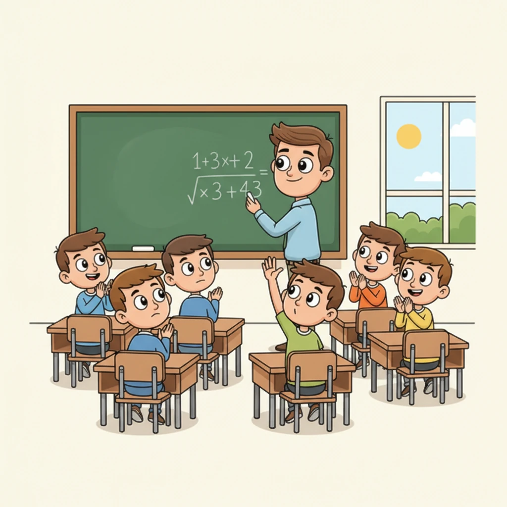 وقتی آقای معلم یک مسئله‌ی پیچیده روی تخته نوشت، آرش ابتدا کمی مردد بود. اما با تشویق آقای معلم و نگاه‌های دوستانش، دستش را بالا برد و با اعتماد به نفس جواب درست را داد. همه بچه‌ها برایش کف زدند و آقای معلم با افتخار سر تکان داد.