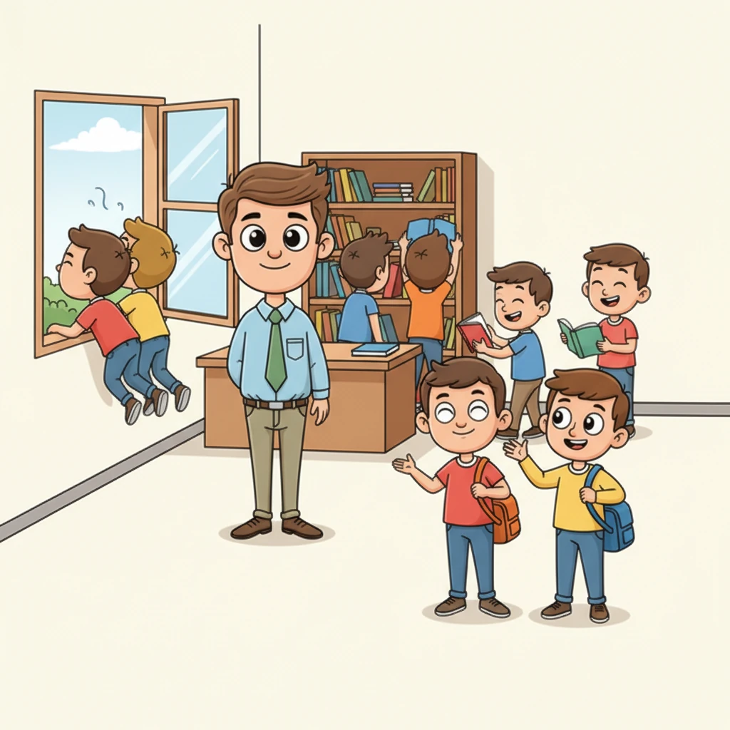 زمان استراحت کوتاهی فرا رسید و بچه‌ها با انرژی از جا برخاستند. بعضی‌ها کنار پنجره رفتند تا هوای تازه بخورند و بعضی دیگر مشغول ورق زدن کتاب‌های قفسه پشتی شدند. آرش و دوستش، پویا، درباره‌ی بازی فوتبال بعد از مدرسه صحبت می‌کردند.