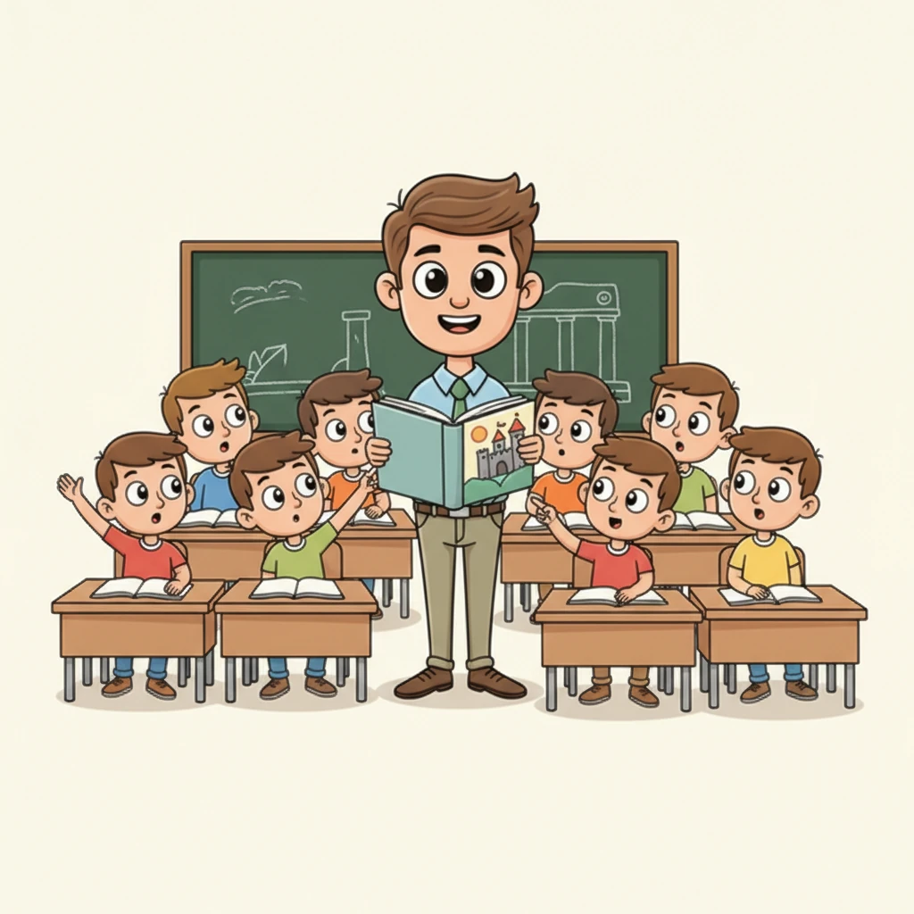 بعد از استراحت، درس تاریخ شروع شد و آقای معلم با داستان‌های جذاب از گذشته، همه‌ی بچه‌ها را مسحور کرد. وقتی یکی از دانش‌آموزان سوالی درباره‌ی یک پادشاه قدیمی پرسید، آقای معلم با صبر و حوصله، تمام جزئیات را توضیح داد. صورت بچه‌ها نشان از علاقه و تمرکز داشت.