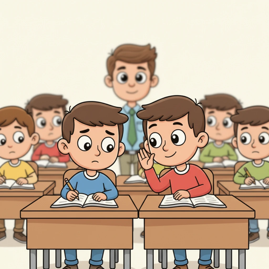 در حین حل تمرین‌ها، مهدی، یکی از دانش‌آموزان، در یک سوال مشکل داشت. آرش که متوجه شد، آرام به سمت او خم شد و با صدای آهسته راهنمایی‌اش کرد. مهدی با تشکر لبخندی زد و توانست مسئله را حل کند.