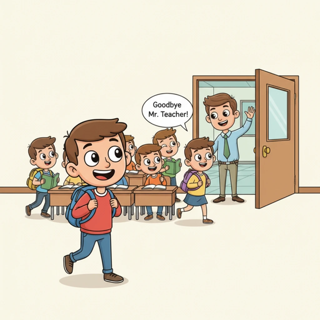 با صدای زنگ، دانش‌آموزان با هیجان وسایلشان را جمع کردند و با گفتن "خداحافظ آقای معلم!" از کلاس خارج شدند. آرش با کوله‌پشتی‌اش روی دوش، لبخندی بزرگ بر لب داشت. او می‌دانست که فردا یک روز جدید و هیجان‌انگیز دیگر در انتظارش است.