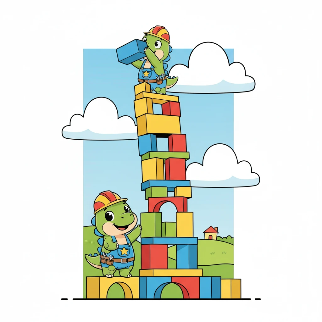 Ele queria construir uma torre alta. Dino imaginava uma torre que alcançasse as nuvens, um lugar especial para ele brincar e observar o mundo.