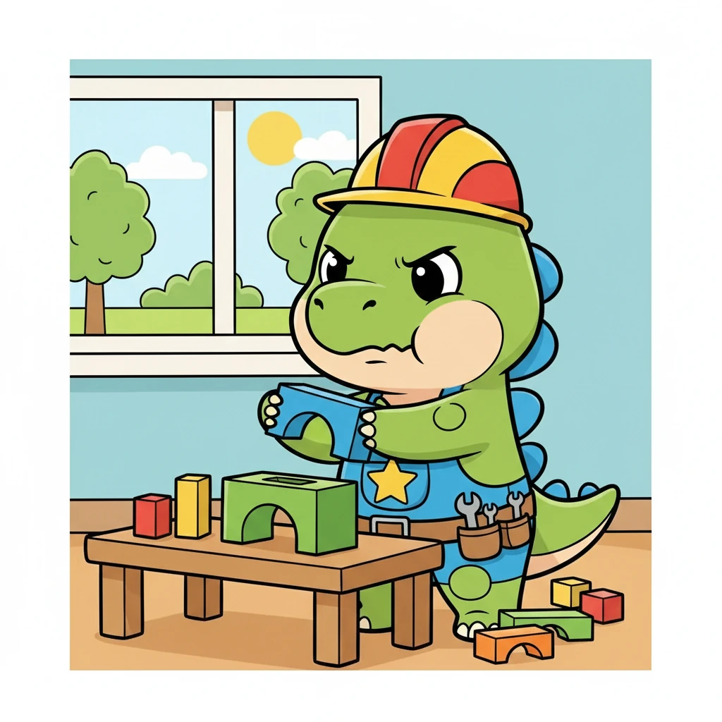 Hora de encaixar! Dino tentou com força, mas o bloco azul não encaixava no verde. Ele franziu a testa, determinado a não desistir.
