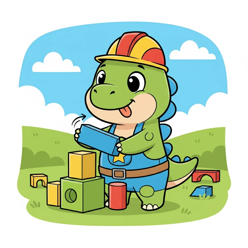 Ele tentou novamente, com mais cuidado. Dino girou os blocos, procurando a posição certa. Finalmente, um 'clique'! O bloco azul se encaixou no verde!