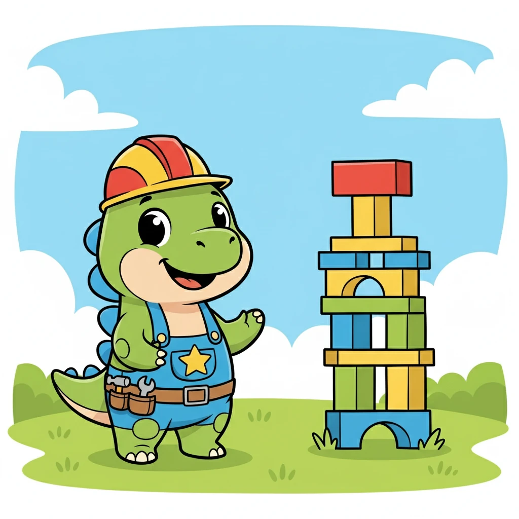 Dino empilhou o bloco vermelho por cima. A torre estava crescendo! Ele deu um passo para trás, admirando o seu trabalho.