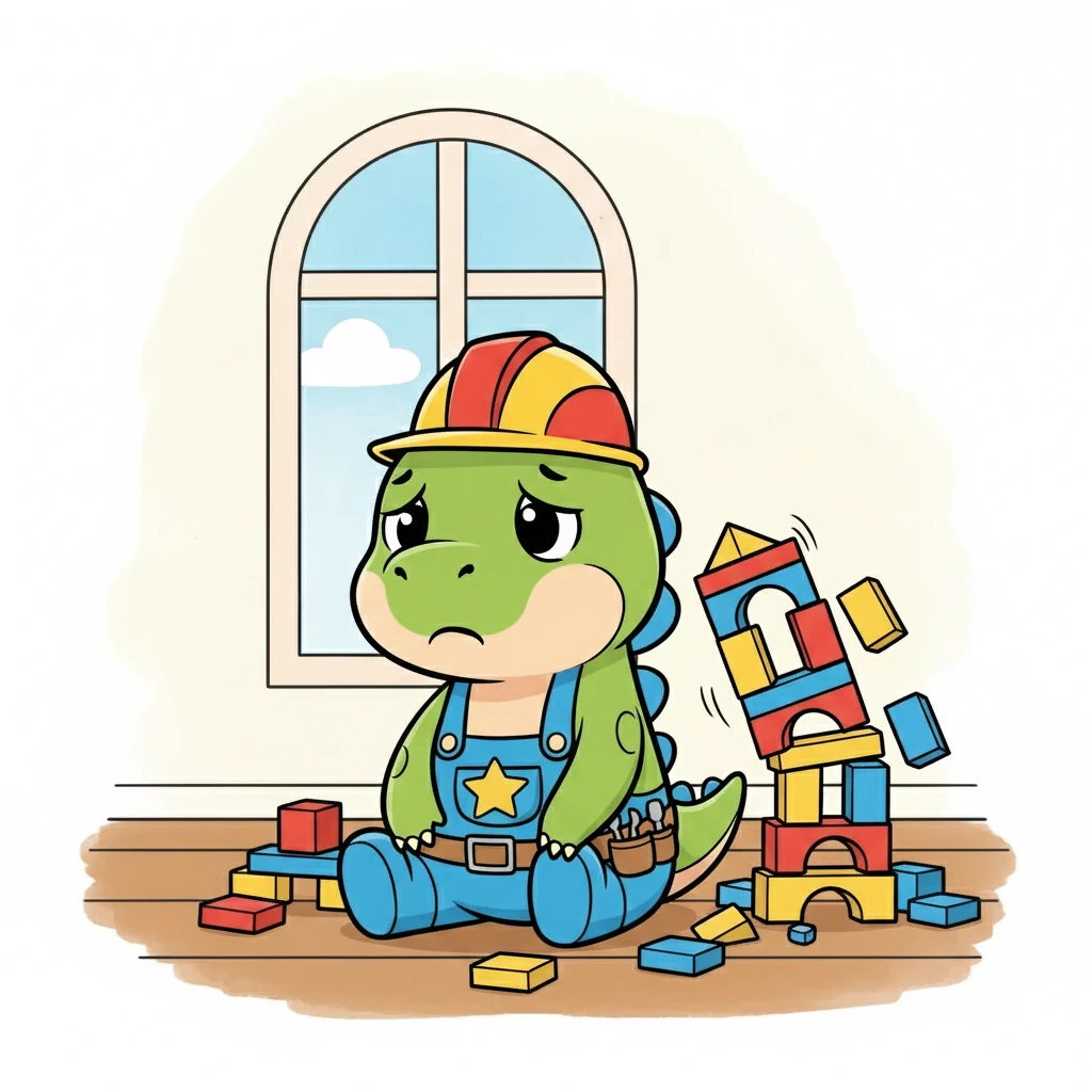 Mas... a torre balançou! Dino tentou segurá-la, mas a torre desabou. Dino se sentou no chão, um pouco desanimado.
