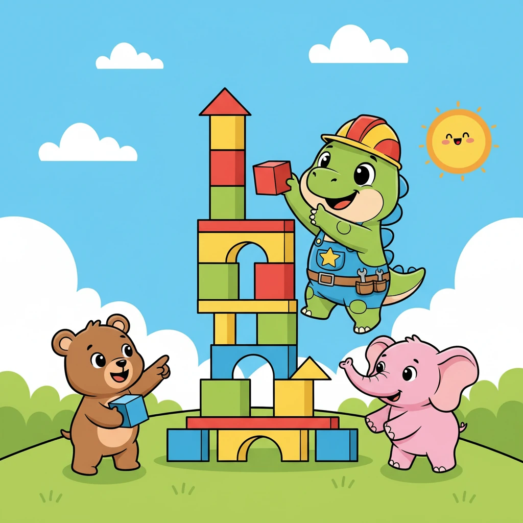De repente, Dino teve uma ideia! Ele pegou os blocos e começou de novo, mas desta vez, com a ajuda de seus amigos. Juntos, eles construíram a torre mais alta e divertida de todas!