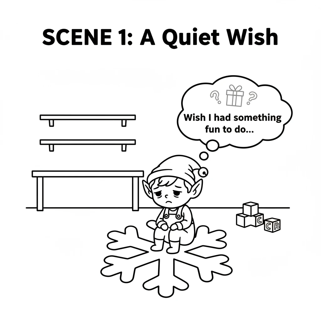 Pip the little elf sat sadly on a snowflake, watching the quiet workshop. Christmas felt so far away, and he wished for something fun to do. His tiny