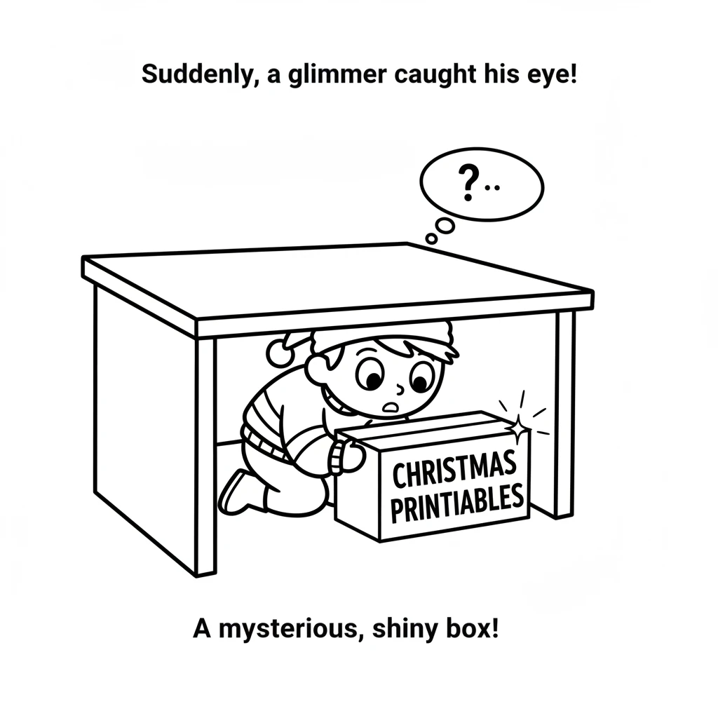 Suddenly, a glimmer caught his eye! Tucked away under Santa's big desk was a mysterious, shiny box. It had big, bold letters on it: 'Christmas Printab