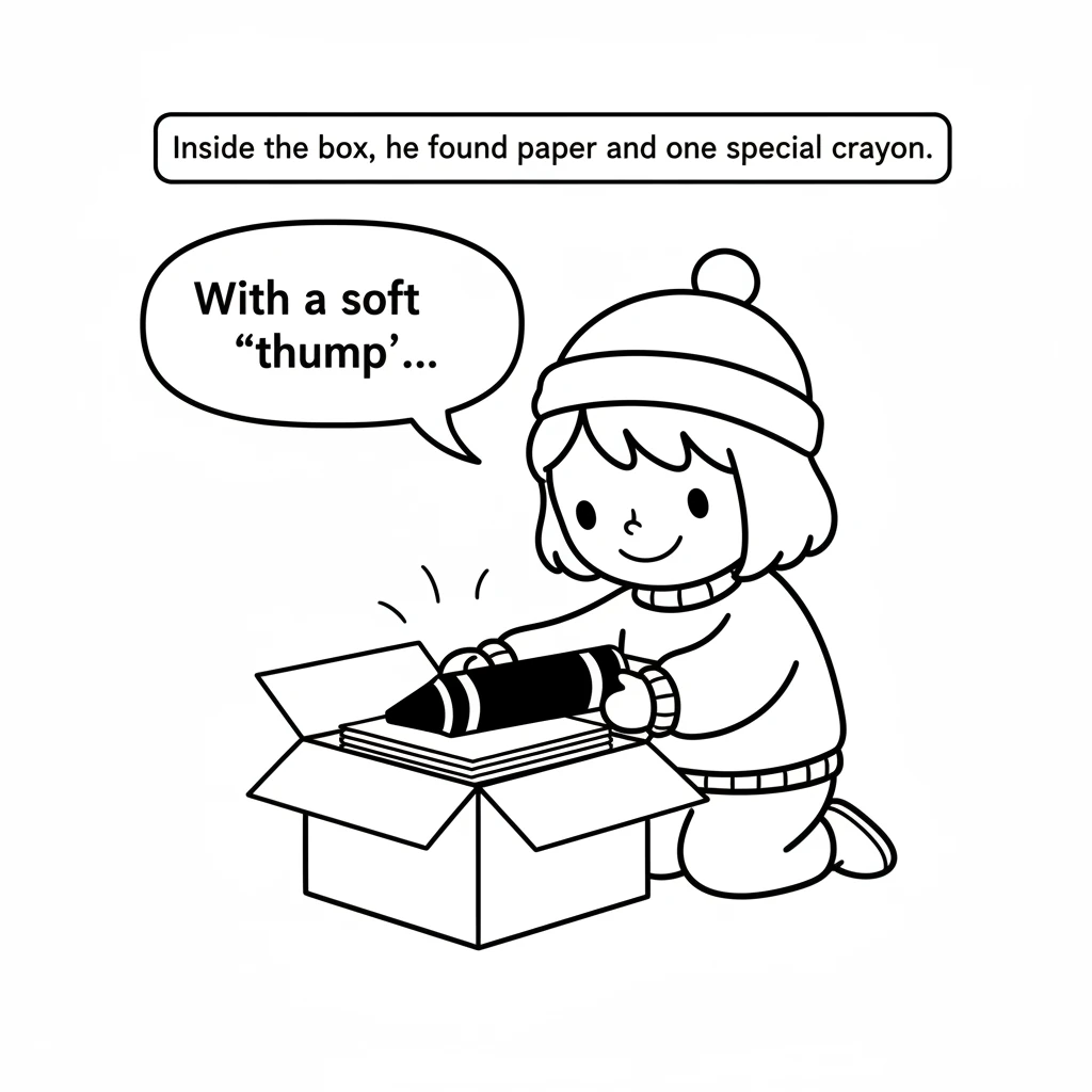 With a soft 'thump', Pip carefully opened the box. Inside, he found a stack of pure white paper and one special, chunky black crayon. It looked ordina