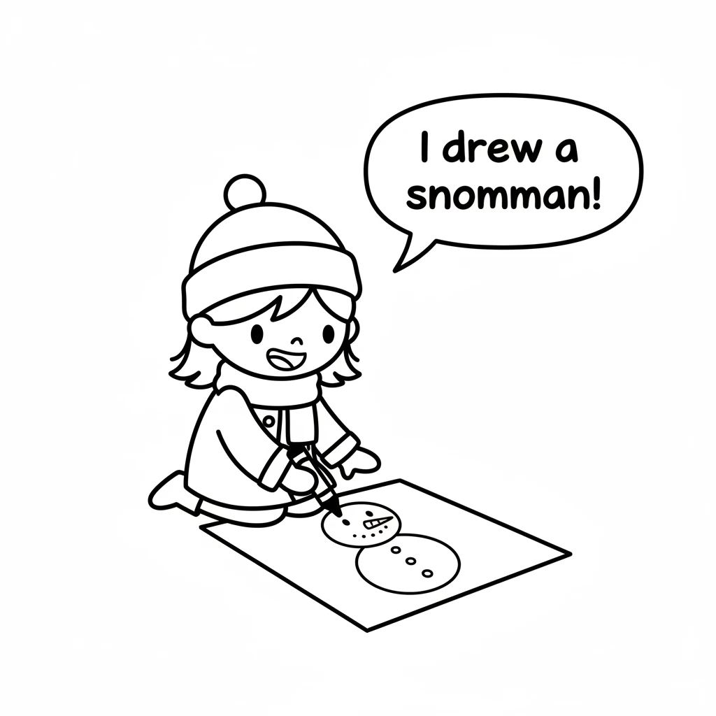 Pip picked up the crayon and, with a big smile, drew a simple, round snowman on the paper. It had a circle for a head, two dots for eyes, a carrot nos
