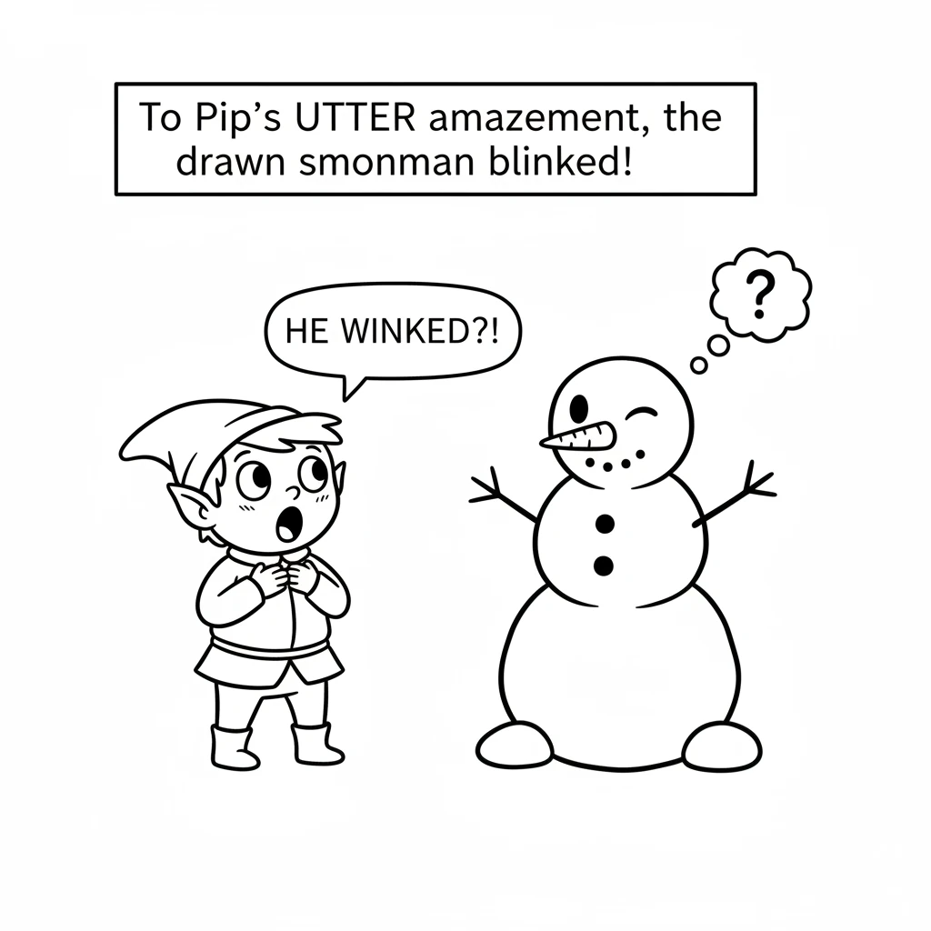 To Pip's utter amazement, the drawn snowman's dot-eyes blinked! It gave a tiny, cheerful wink, as if it was waiting for something. Pip gasped, his tin