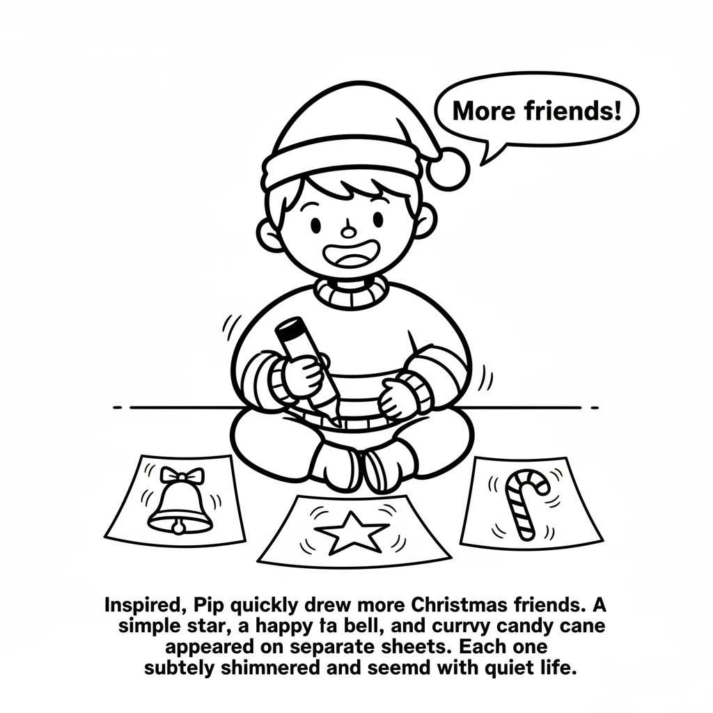 Inspired, Pip quickly drew more Christmas friends. A simple star, a happy bell, and a curvy candy cane appeared on separate sheets. Each one subtly sh