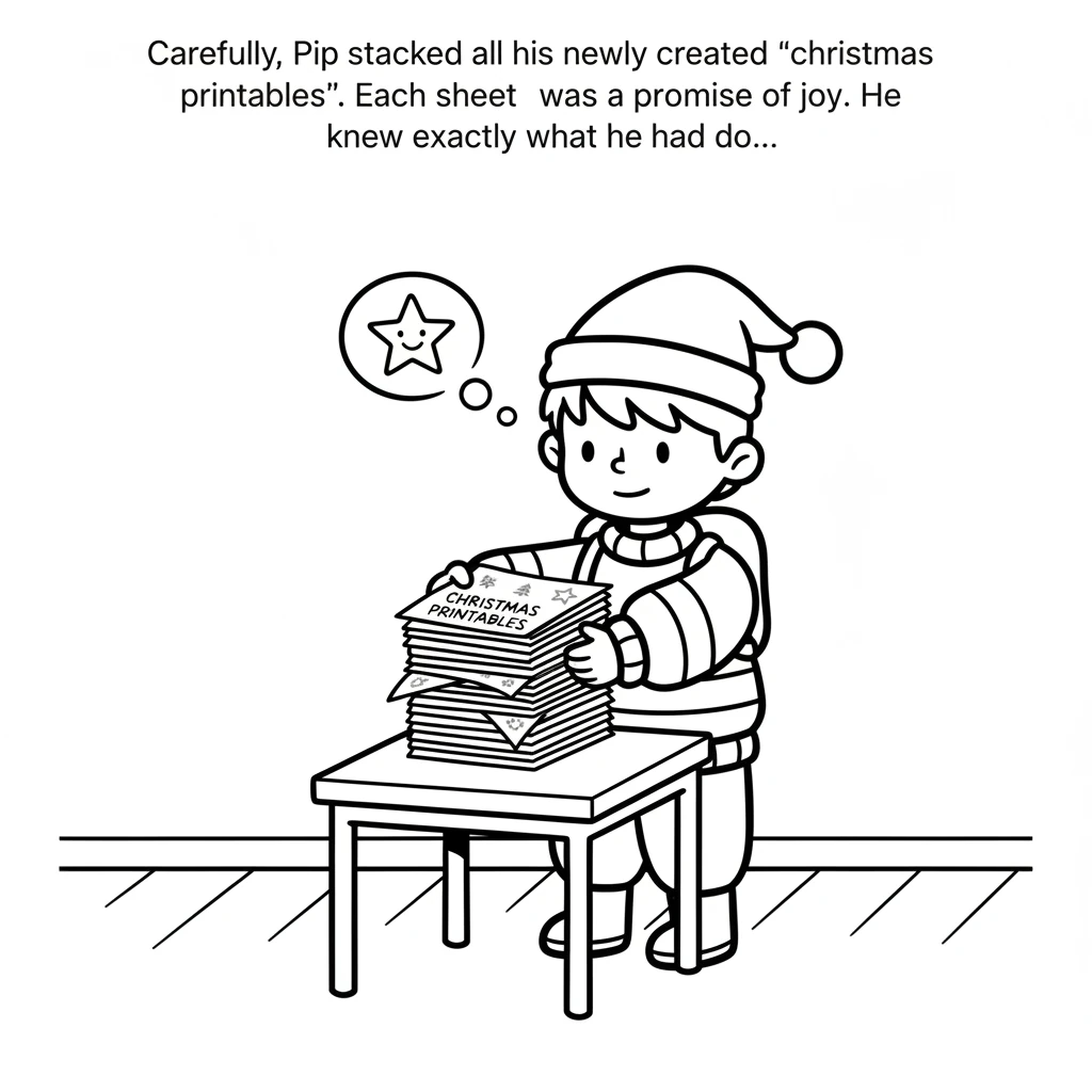 Carefully, Pip stacked all his newly created 'christmas printables'. Each sheet was a promise of joy. He knew exactly what he had to do with these won