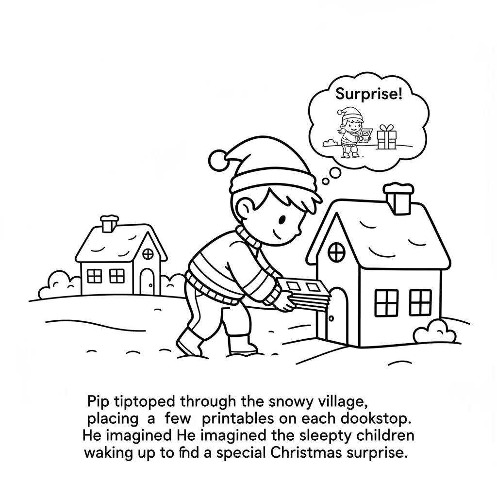 Pip tiptoed through the snowy village, placing a few printables on each doorstep. He imagined the sleepy children waking up to find a special Christma