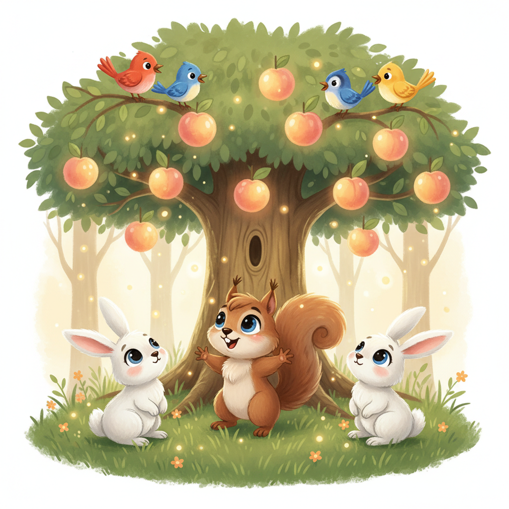 Lumi, a small, bright-eyed squirrel with a fluffy tail, was the first to notice the tree's magic. She chattered excitedly to her friends, the playful rabbits and the chirping birds, about the glowing fruits. They gathered at the base of the tree, their eyes wide with wonder.