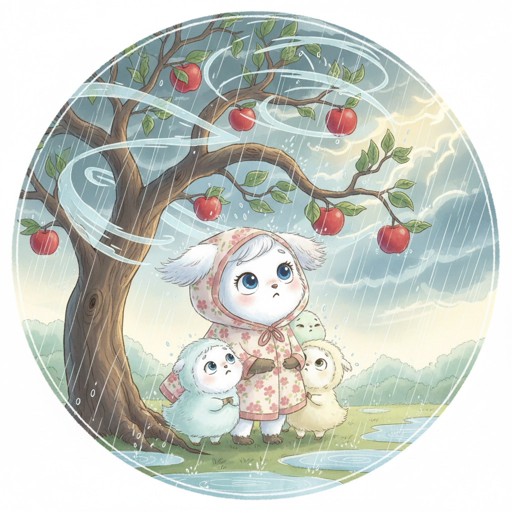 One day, a storm raged through the orchard. The wind howled, and the rain poured, threatening to break the delicate branches of the fruit tree. Lumi and her friends huddled together, worried about their beloved tree.
