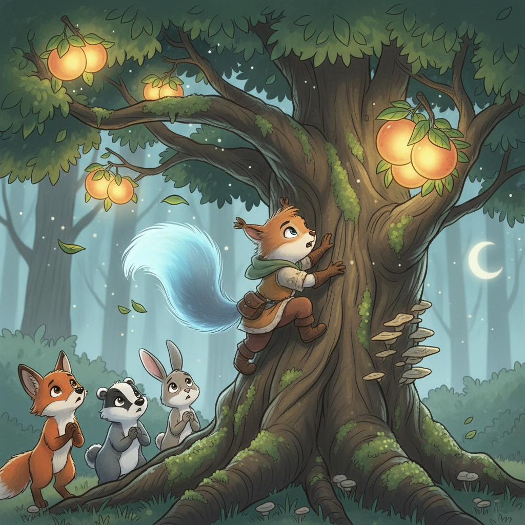Lumi, feeling brave, scurried up the tree, determined to protect the glowing fruits. She clung to the branches, her little body buffeted by the wind, but her spirit remained strong. The other animals watched, their hearts filled with concern.
