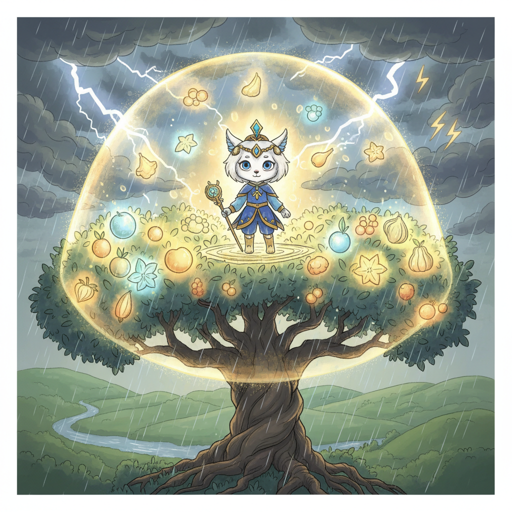 As Lumi reached the top, she realized the fruits weren't just beautiful; they also held a special power. They began to glow even brighter, emitting a warm, protective light that shielded the tree from the storm's fury.