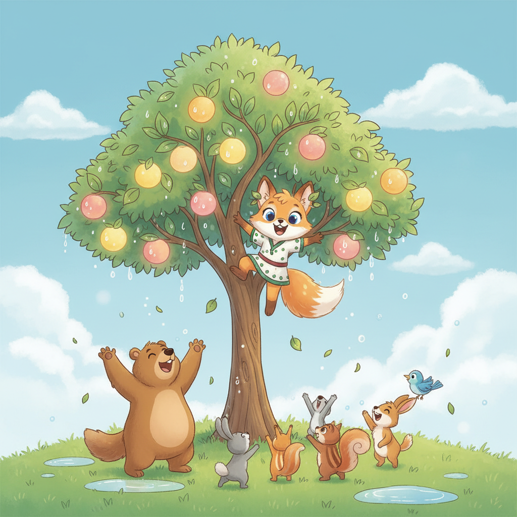 The storm eventually passed, leaving behind a clear sky and a gentle breeze. The fruit tree stood tall and strong, its glowing fruits unharmed. Lumi, covered in leaves, descended, greeted by cheers from her friends.